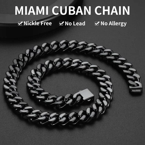 Men's 14mm Width Steel Cuban Durable 18K Gold Plated Hip Hop Chain Black Jewelry